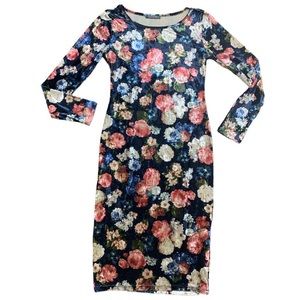 SUZY SHIER Floral Crushed Velvet With Long Sleeve Midi Dress Navy Blue Sz Large